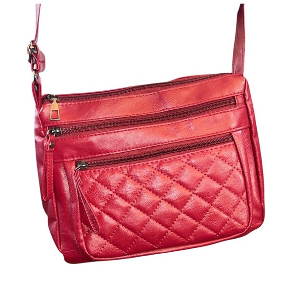 Quilted Red Leather Crossbody Bag For Women With Adjustable Strap & Multiple Poc - Picture 4 of 10